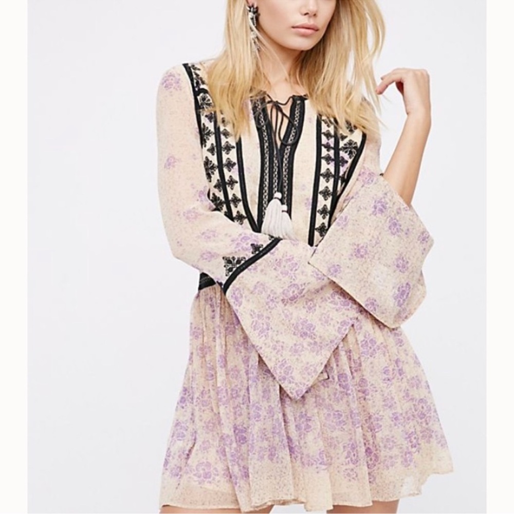 Free People Stuck In The Middle Floral Boho Mini Dress XS Bell Sleeve